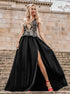 A Line Jewel Black Split Satin Prom Dress with Appliques LBQ0210